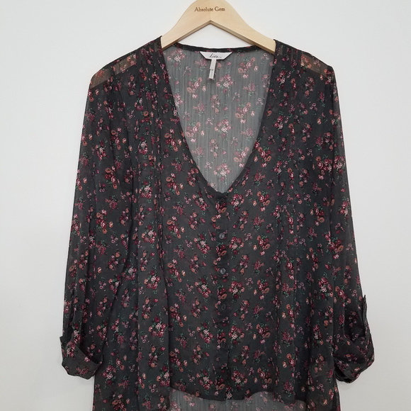 Kirra (PacSun) Floral Hi-Lo Sheer Gray pink Blouse shirt long sleeve top Medium - Picture 1 of 8